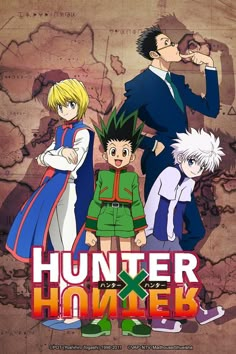 the poster for hunter x hunter, featuring two young men and one older man with blonde hair