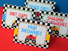 four signs that say dirt cups, smashin'brownies, and mud trucks