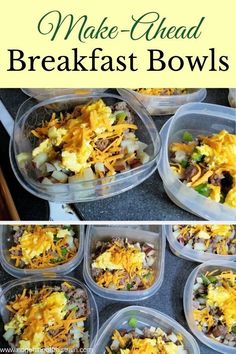 several plastic containers filled with breakfast bowls on top of a counter next to the words make - ahead breakfast bowls