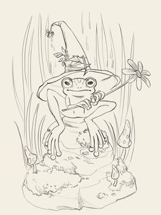 a drawing of a frog with a hat on