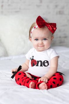 1st Birthday Ladybug Theme, Lady Bug First Birthday Girl, Ladybug 1st Birthday Party Ideas, Bodysuit Birthday Outfit, Ladybug First Birthday Party, Lady Bug Birthday Party, Ladybug First Birthday, Ladybug Shirt