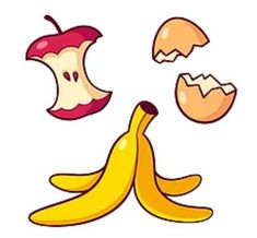 an apple, banana, and egg shell are depicted in this cartoon style illustration on a white background