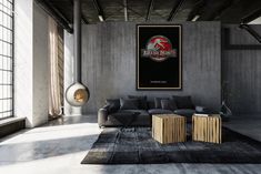 a living room with a couch, coffee table and large poster hanging on the wall