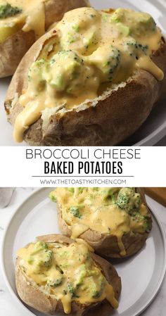 broccoli cheese baked potatoes on a white plate