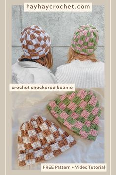 two women wearing knitted hats sitting on top of each other with text overlay that reads, crochet checkered beanie free pattern video