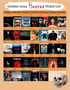 a calendar with movies on it and the dates for each movie, including horror films