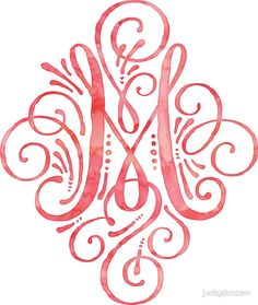 the letter m is made up of swirls and scrolls in red ink on white paper