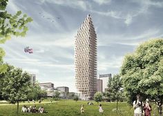 an artist's rendering of a tall building in the middle of a park with people flying kites