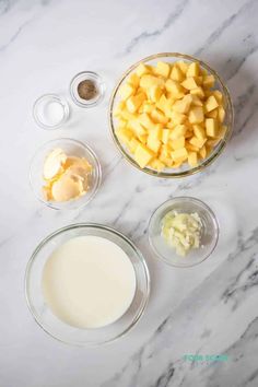 the ingredients to make pineapple pie are shown in bowls on a marble countertop