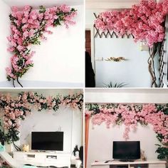 pink flowers are growing on the wall and in front of a computer desk with a tv