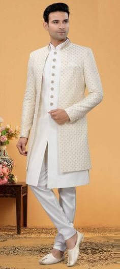 White and Off White color IndoWestern Dress in Art Silk fabric with Embroidered, Sequence, Thread work White Dress For Eid Ceremony, White Dresses For Eid Ceremony, White Festive Ceremony Dress, Festive White Ceremony Dress, White Kurta For Eid Ceremony, White Long Sleeve Kurta For Wedding, White Resham Embroidered Kurta For Ceremony, White Resham Embroidery Kurta For Ceremony, Traditional White Kurta For Ceremony