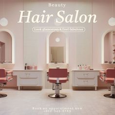 an advertisement for a hair salon with chairs and mirrors in front of the counter top