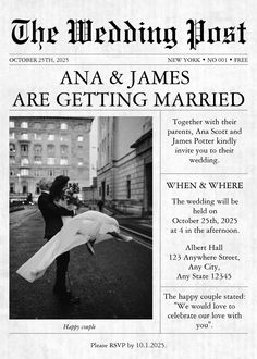 an advertisement for the wedding party in front of a building with black and white photos