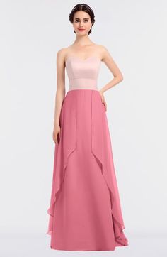 a bridesmaid in a strapless pink dress with a high low neckline