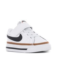 The Nike Court Legacy toddlers' tennis shoe is an old-school style fit for modern-day kids. The supple leather upper features clean stitched lines, minimal layering, and a contrasting Swoosh. Durable leather upper. Elastic laces with a hook-and-loop strap. Padded collar and tongue. Soft foam midsole. Durable rubber outsole. All White Sneakers, Nike Court Legacy, Newborn Fashion, Black Desert, Toddler Nikes, Elastic Laces, Style Gift, School Fashion, Nike Air Force Sneaker