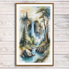 a watercolor painting of a waterfall in the mountains with trees and rocks on it