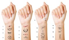 four different types of tattoos on the wrist and arm, each with their own name