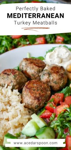 a white plate topped with meatballs, rice and veggies next to a salad