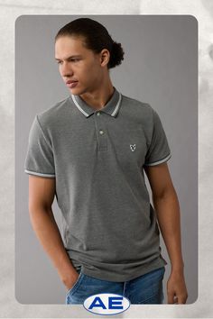 Super soft fabric with stretch/Two-button placket/Embroidered eagle logo on chest/Straight hem/Contrast tipping/This shirt is Real Good: made with the planet in mind and a promise to continue to do better. Casual Cotton Polo Shirt With Contrast Collar, Sporty Polo Collar T-shirt With Relaxed Fit, Sporty Relaxed Fit Polo Collar T-shirt, Cheap Sporty Polo Collar T-shirt, Gray Fitted Polo Collar T-shirt, Cotton Polo T-shirt With Contrast Collar, White Jeans Men, Athletic Fit Jeans, Dream Jeans