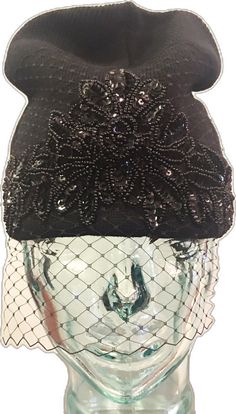 Embellished Headpieces For Evening, Elegant Black Beaded Hat, Black One-size Party Hat, Black Party Hat One Size, Embellished Party Cap, Black Party Hat, One Size, Black Beanie For Party, Black Beaded Hat, Birdcage Veil