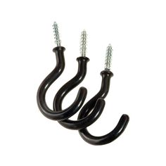 three black metal hooks with screws on them