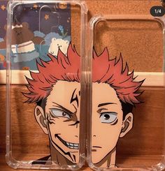 two clear cases with anime characters on them, one has red hair and the other has blue eyes