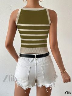 Zlily - Contemporary Striped Knitted Crop Tank Top: Y2K Sleeveless Fashion Essential for the Ultimate Summer Wardrobe – Womens Clothing Trendy Green Knit Sweater Vest, Green Stretch Tank Top For Fall, Spring Green Knit Vest, Green Knit Vest Top, Trendy Green Cotton Sweater Vest, Green Knit Sleeveless Vest, Casual Striped Knit Vest, Trendy Green Knit Tank Top, Green Sleeveless Knit Vest