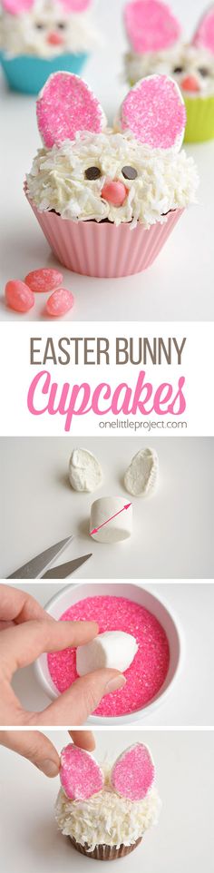 an easter bunny cupcake is being made with marshmallows and icing