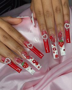 Baps Inspired Nails, Gel X Hello Kitty, Red Hello Kitty Nails Acrylic, Long Square Acrylic Nails Hello Kitty, Pearl Placement On Nails, Nail Ideas Y2k Long Pink, Y2k Long Acrylic Nails, Curved Valentine Nails, Y2k Nails Acrylic Hello Kitty