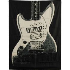 a black and white photo of an electric guitar with nirvana on it's back