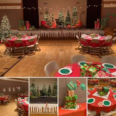 christmas tables and chairs are decorated with red tablecloths, green napkins, and presents