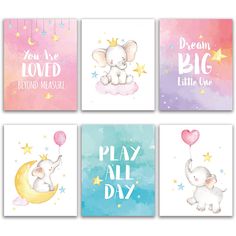 four cards with elephants and stars on them, one has an elephant holding a balloon