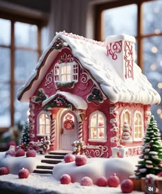 a gingerbread house decorated for christmas with lights and decorations on the windowsills