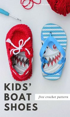 two crocheted slippers and a ball of yarn with the words kids'boat shoes