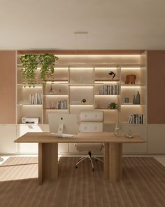 A imagem retrata um escritório com uma mesa central em MDF imitando madeira, sobre um tapete listrado em tons de bege. Ao fundo está uma estante com nichos em mdf liso bege, com iluminação em fitas de LED e adornos. Best Home Office Ideas, Studio In Casa, Medical Office Design, Home Office Inspiration, Hospital Interior Design, Luxury Office