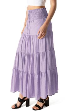 Boho skirt with full broomstick silhouette, with a smocked waist and a drawstring closure. Short lining underneath. CARE | Hand Wash Cold CONTENTS | Self/Lining: 100% Polyester MEASUREMENTS | 37"/94 cm Top to Bottom (Size Small) MODEL | 5'8 - wearing a size Small IMPORTED Long Purple Skirt, Cottagecore Skirt, Lavender Skirt, Boho Whimsical, Skirt Aesthetic, Long Flowy Skirt, Fun Outfits, Maxi Skirt Outfits, Boho Skirt