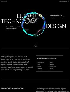 the website design for liquid crystal is shown in black and white, as well as an image