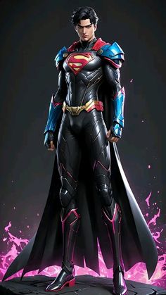 a man in a superman costume standing on top of a black surface with pink and blue paint