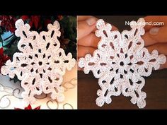 crocheted snowflakes are shown next to each other, and one is white