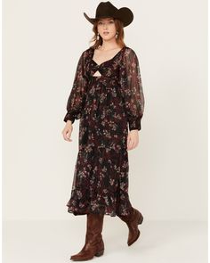 Angie Women's Floral Cut Out Long Sleeve Midi Dress, Black American West, Sleeve Midi Dress, Long Sleeve Midi, Long Sleeve Midi Dress, Romper With Skirt, Fall Dresses, Midi Length, Dress Black, Smocking