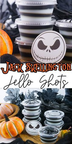 jack skellingon jello shots with pumpkins and other halloween decorations in the background