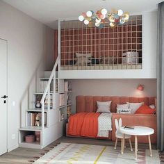 a bedroom with a loft bed, desk and chair next to a white table in front of a window