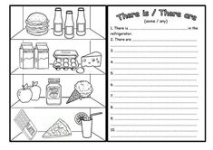 a worksheet with food and drinks on it, which includes the words there is / there are