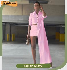 Fashion Casual Irregular Shirt Two Piece Sets Spring Fitted Shirt With Asymmetrical Hem, Casual Asymmetrical Sets For Spring, Casual Asymmetrical Summer Sets, Pink Casual Two-piece Top, Chic Pink Two-piece Bottoms Set, Pink Two-piece Summer Pants, Pink Fitted Sets With High-waisted Pants, Pink Stretchable Two-piece Set, Two Piece Sets