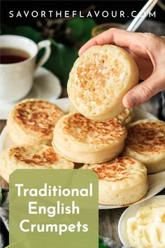 traditional english crumpets on a white plate with coffee and tea in the background