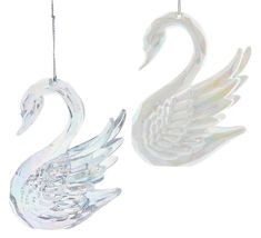 Opalescent swan ornament. This picture shows the two different options. Swan Ornament, Rice Lights, Christmas Tree Trimming, Easter Flags, Winter Landscapes, Tinsel Tree, Champagne Flute Glasses, Lighting Gifts, Bubble Lights