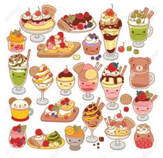 an assortment of desserts and drinks in cartoon style on white background stock photo - 519