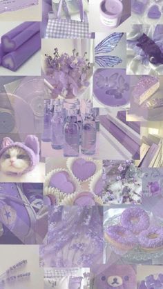 a collage of purple and white items including flowers, candles, soaps and other things