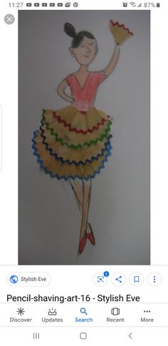 a drawing of a woman in a yellow dress and red shoes with her arms up