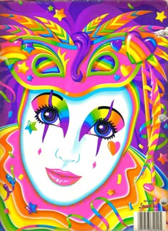 a painting of a woman's face with colorful makeup and bright colors on it